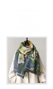 Detail of oil painting style scarf with navy base and yellow floral pattern and fringes