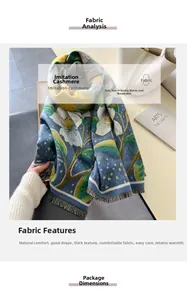 Detailed texture of blue oil painting floral imitation cashmere scarf with soft fringes