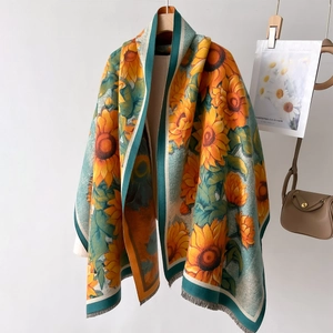 French style yellow sunflower print cashmere-feel scarf with green border and tassels