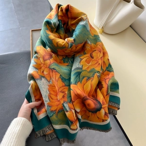 Elegant thick sunflower print scarf with tassels for women, warm winter yellow shawl