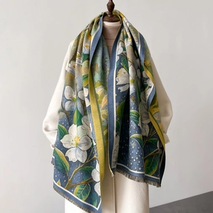 Floral oil painting cashmere-feel scarf with blue base and white flowers and tassels