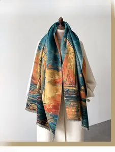 Detailed view of thick oil painting sailboat scarf with artistic sunset ocean pattern