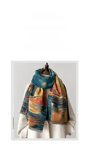 Artistic oil painting style scarf with tassels in orange and blue vibrant patterns