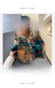 Close-up of thick imitation cashmere scarf with oil painting print and soft fringe trim