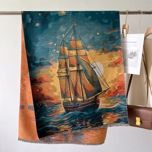 Sailing oil painting thick winter scarf and warm shawl with tassels on a hanger
