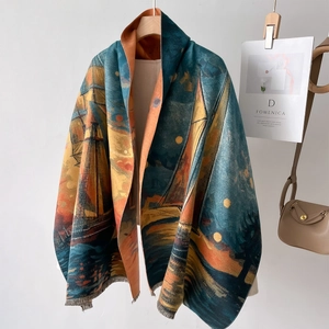 Women Imitation Cashmere Scarf Artistic Oil Painting Sailing Boat Print Thickened Warm Shawl Retro Winter Wrap With Tassels