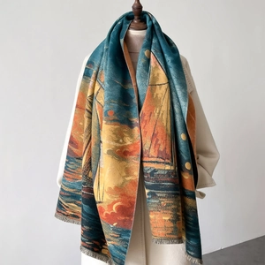 Thick oil painting style sailing scarf with tassels for women, artistic autumn winter shawl