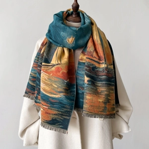 Artistic sailboat oil painting style thick scarf with fringe and vintage sea patterns