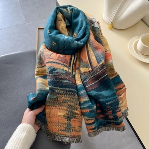 Oil painting style thick winter scarf with vintage peacock blue tones and tassels