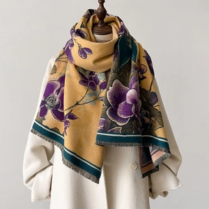Mustard yellow floral scarf with purple orchids and green leaf pattern and tassels