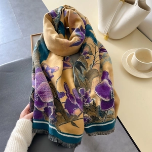 Chic long scarf with purple floral print on yellow background and soft fringe edges