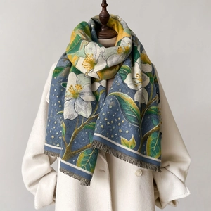 Floral oil painting cashmere feel scarf with large white camellias on blue fabric