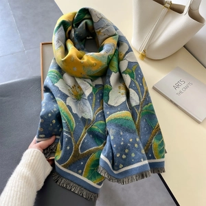 Artistic oil painting style thick cashmere scarf with floral patterns and fringe