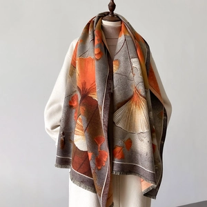 Elegant Ginkgo Leaf Print Scarf For Women Thickened Warm Imitation Cashmere Shawl With Tassels For Autumn Winter Travel