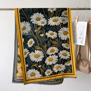 Floral cashmere-like scarf with white daisies and yellow contrast border and tassels