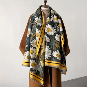 Women Faux Cashmere Scarf Shawl Retro Daisy Sunflower Print Warm Thick Tassel Winter Neck Wrap