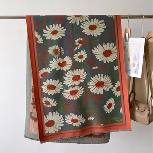 Macro detail of sunflower scarf showing fine knit texture, fringe edge, and floral pattern