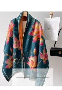 Close-up of double-sided lotus print scarf with elegant fringe detail and soft texture