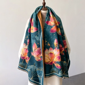 Elegant thick lotus print pashmina shawl with fringes on a female mannequin