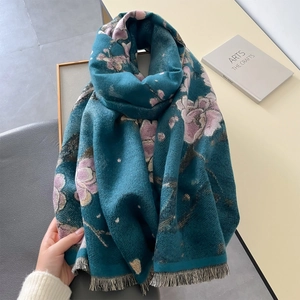 Elegant dark teal scarf with floral print and tassels, premium winter neck warmer for women