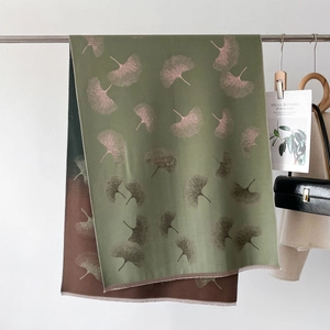 Olive green and coffee brown scarf with ginkgo leaf print and delicate fringe