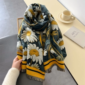 Green cashmere-like scarf with daisy floral pattern and yellow border with fringe