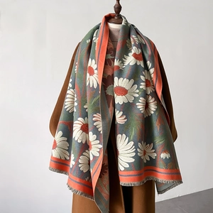 Green sunflower cashmere scarf with white daisy print and orange striped border