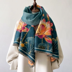 Elegant thick lotus print cashmere-like scarf with tassels on white wool coat