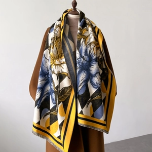 Women Long Scarf Imitation Cashmere Thick Warm Winter Shawl Wrap Diamond Grid Flower Print Double Sided With Tassels