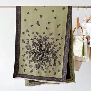 Olive green cashmere-feel scarf with tree and butterfly print and tassel detail