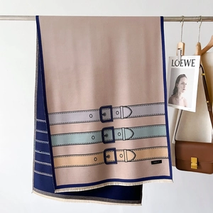Elegant belt print shawl scarf in nude pink and navy blue with fringe details