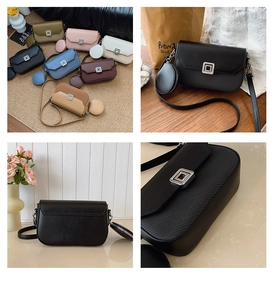 Detail view of woven leather texture and square metal buckle on crossbody bag