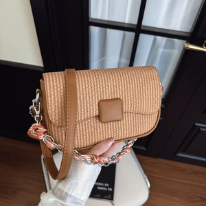 Women Retro Woven PU Leather Crossbody Bag Fashion Small Square Shoulder Bag With Chain Satin Scarf Handle Elegant Handbag