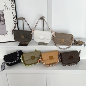 Chic woven flap shoulder bags with silk scarf chain straps in various colors