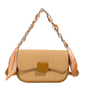 Retro straw saddle bag with brown leather trim and silk scarf chain shoulder strap