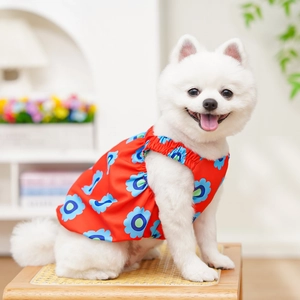 Cane Pomerania con pettorina estiva a fiori rossi e blu per piccoli animali domestici