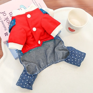 Cute red striped and blue polka dot denim pet jumpsuit for small dogs and cats