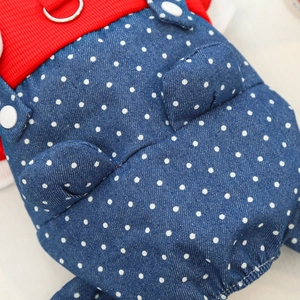 Detail of polka dot pet denim overalls with metal D-ring and red ribbed knit fabric