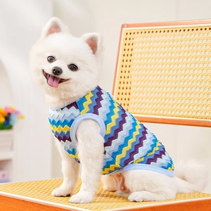 Colorful zigzag pattern breathable knit pet vest for small dogs and cats on a woven chair