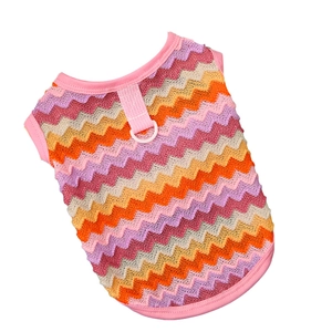 Colorful wave knit pet vest for small dogs and cats with pink trim and back D-ring