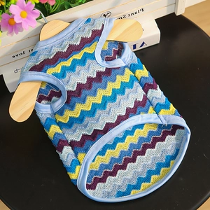 Detail of colorful zigzag knit pet vest with light blue trim for small dogs and cats