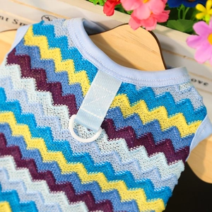 Close-up of knit pet vest with blue, yellow, and purple wavy pattern and D-ring harness