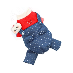 Red knit dog jumpsuit with polka dot denim overalls and white cartoon bear decor