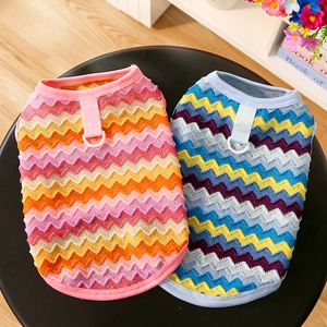Detail of breathable mesh pet vests with zigzag patterns and metal D-rings for leash