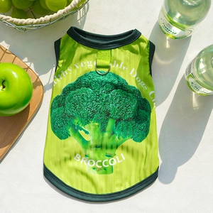 Green broccoli print dog vest with D-ring leash attachment on striped fabric texture