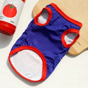 Close-up of blue and red striped ribbed fabric texture on a pet cooling vest