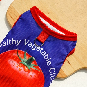 Detail of blue ribbed pet vest with tomato print and metal D-ring for leash attachment