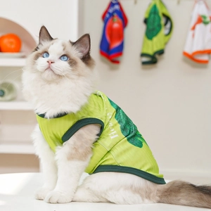 Detail of light green pet vest with broccoli print and breathable ribbed fabric
