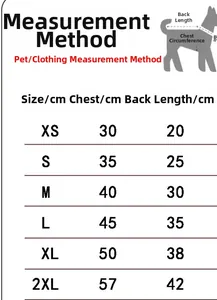 Detailed size chart for breathable pet clothes showing chest and back length measurements