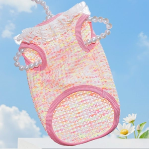 Detailed view of pink and yellow knitted pet vest with white lace trim and pearl hanger